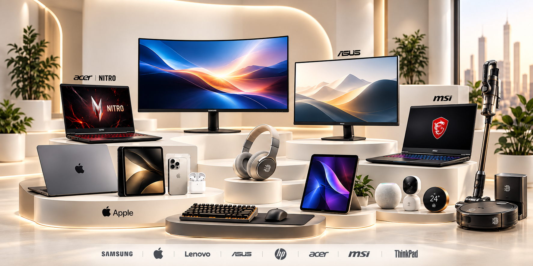 Krem ve bronz showroomda Samsung ve ASUS monitörler; Acer Nitro, MSI ve Apple notebooklar; tabletler, kulaklık, çevre birimleri ve akıllı ev ürünleri. Alt sırada Samsung, Apple, Lenovo, ASUS, HP, Acer, MSI ve ThinkPad markaları.